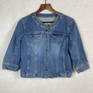 VTG AMI‎ Womens Jean Jacket Snap Close Denim Size Medium Rhinestone Trim Pockets